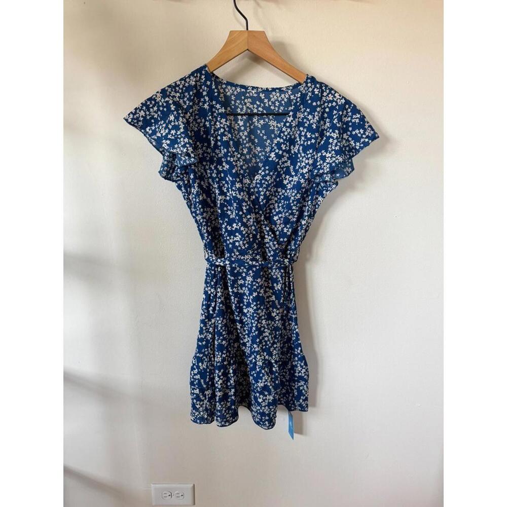 CupShe Gretchen Belted‎ Blue Ditsy Floral Mini Dress SMALL NWT